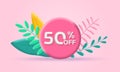 3d Sale banner. 50 percent price off label or icon with leaves. Discount badge or price tag.